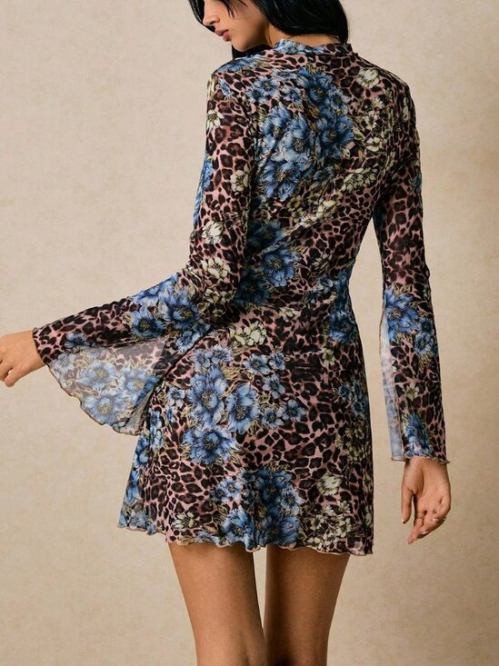 Multicolor Boho Women's Leopard Print Floral Mesh Dress - Picture 2 of 5